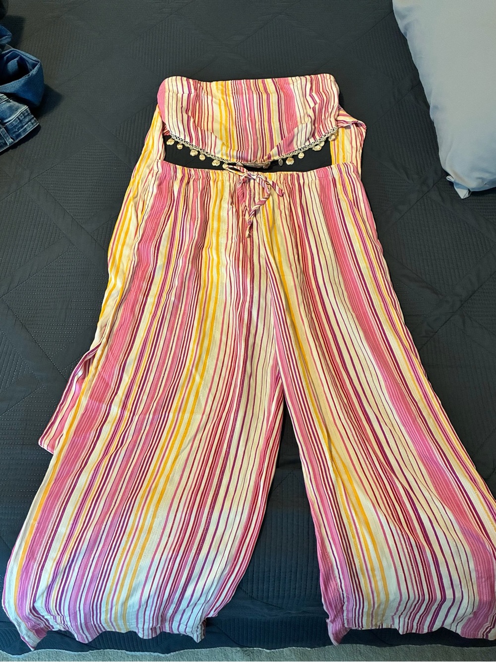Striped Strapless Wide-Leg two piece in Pink & Yellow